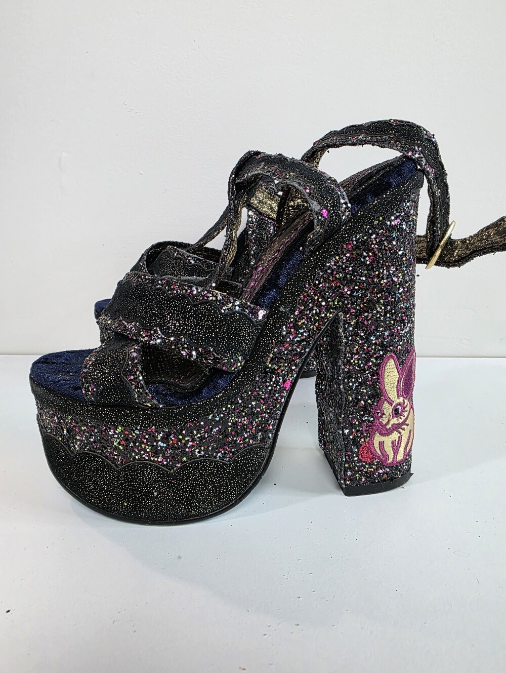 Irregular Choice Toffee Splatter Black Glitter Platform Sandals with Bunny 5.5